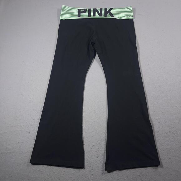 PINK‎ Leggins Womens 2XL Black Foldover Flare Green Striped Yoga Bling PINK - Picture 1 of 10